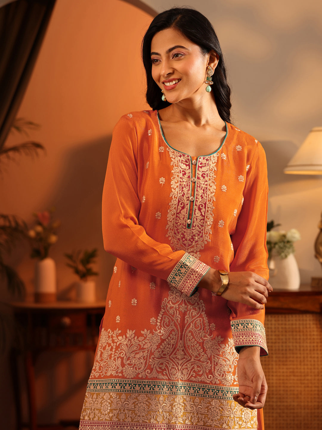 Libas Art Orange Embroidered Chinon Straight Suit Set With Dupatta