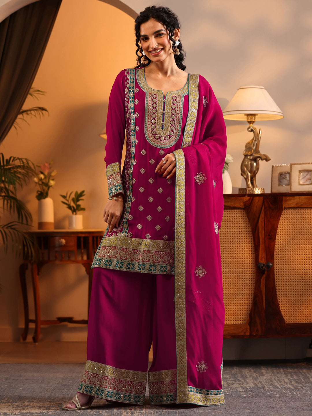 Libas Art Pink Embroidered Chinon Straight Suit Set With Dupatta