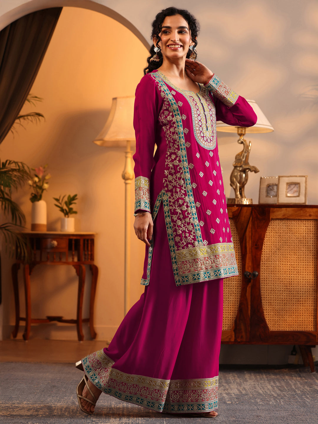 Libas Art Pink Embroidered Chinon Straight Suit Set With Dupatta