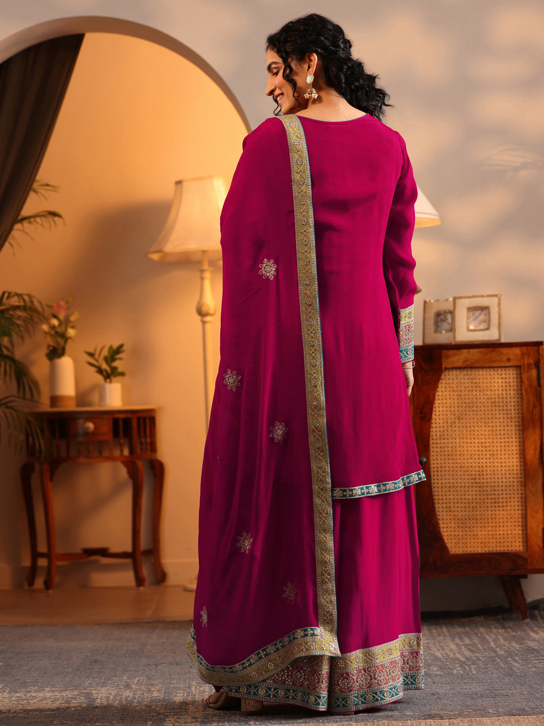 Libas Art Pink Embroidered Chinon Straight Suit Set With Dupatta