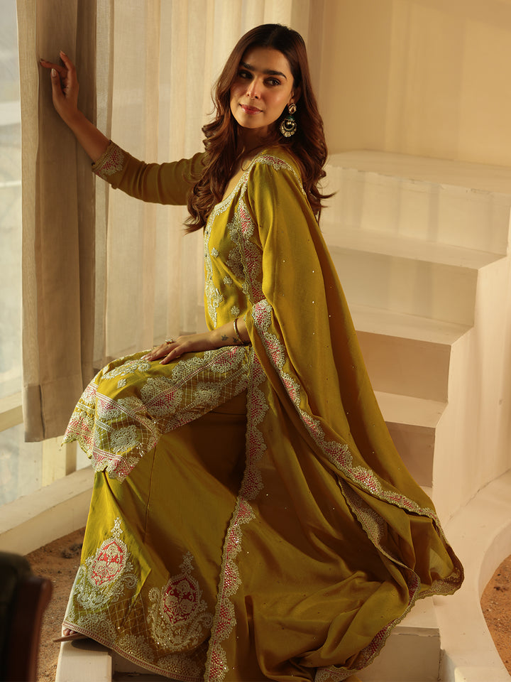 Libas Art Lime Green Embroidered Chinon Straight Suit Set With Dupatta