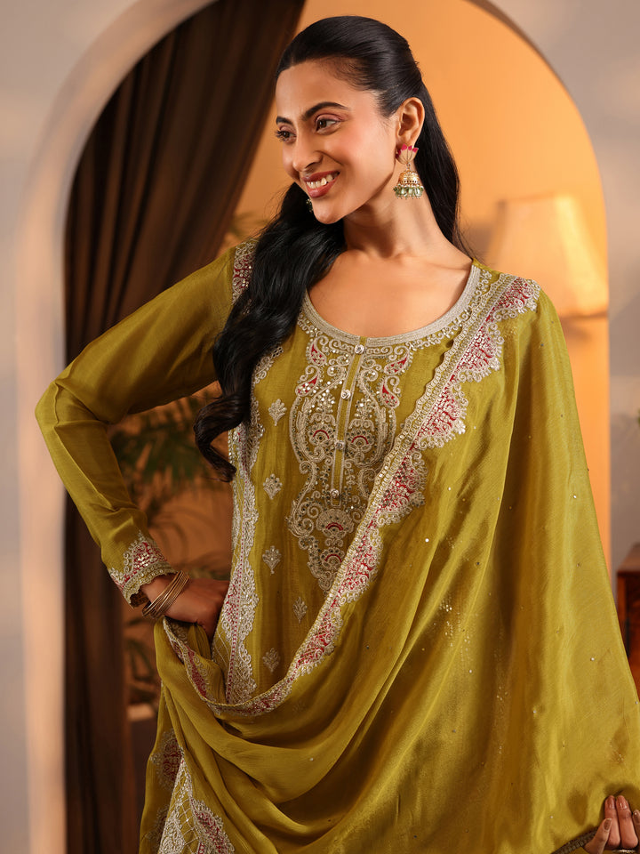 Libas Art Lime Green Embroidered Chinon Straight Suit Set With Dupatta