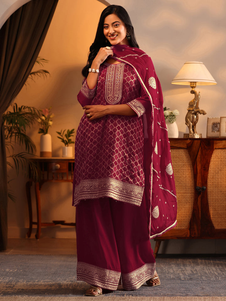 Libas Red Embroidered Silk Blend Straight Suit Set With Dupatta