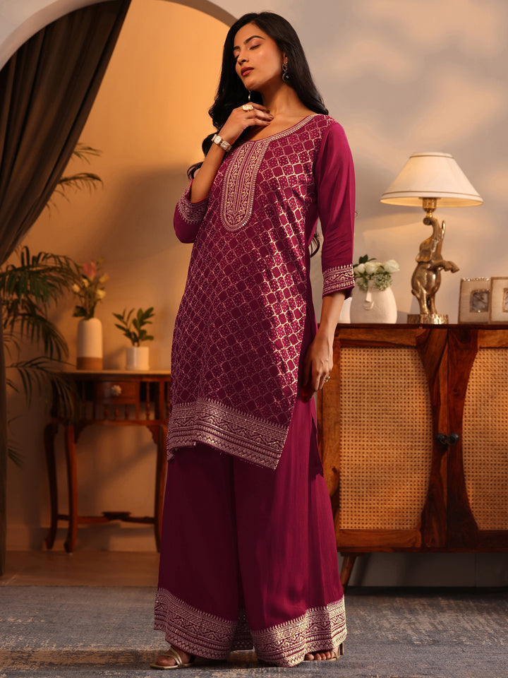 Libas Red Embroidered Silk Blend Straight Suit Set With Dupatta