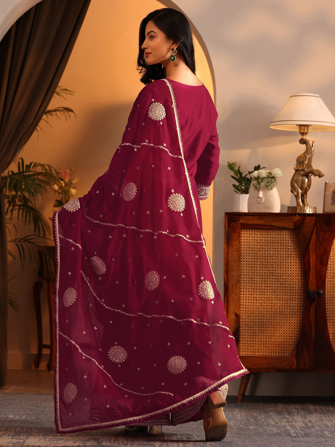 Libas Red Embroidered Silk Blend Straight Suit Set With Dupatta
