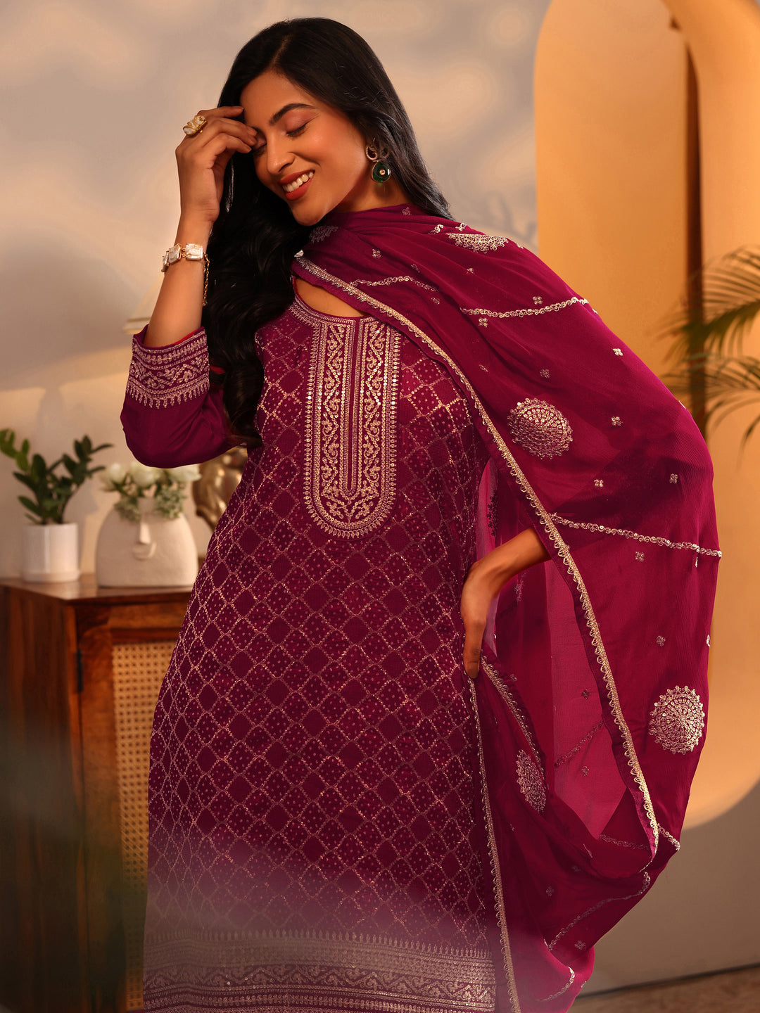 Libas Red Embroidered Silk Blend Straight Suit Set With Dupatta