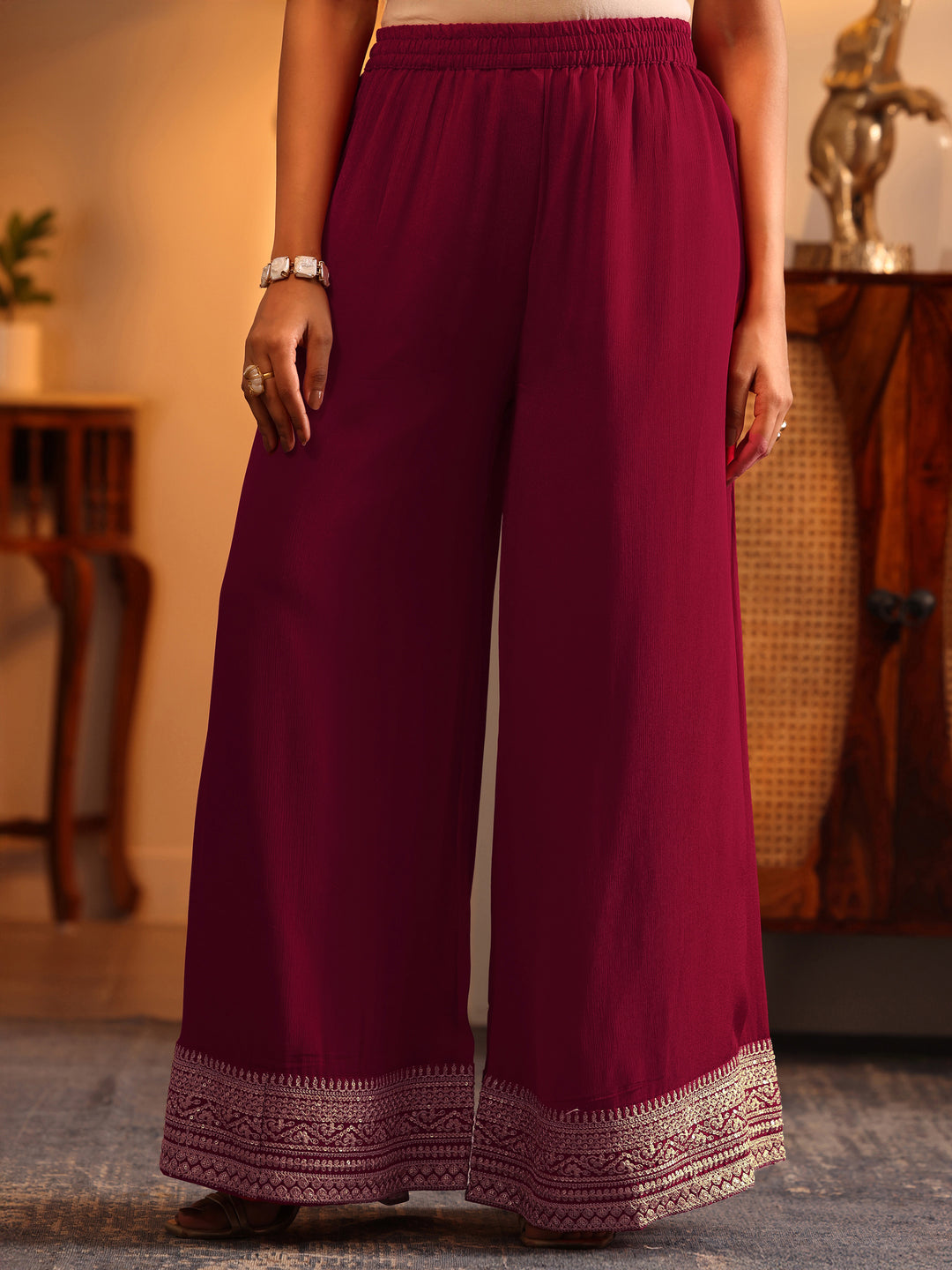 Libas Art Red Embroidered Silk Blend Straight Suit Set With Dupatta