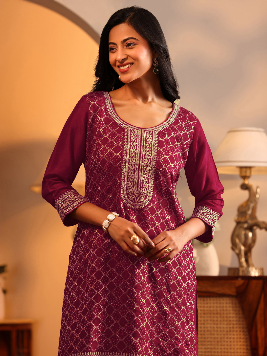 Libas Art Red Embroidered Silk Blend Straight Suit Set With Dupatta