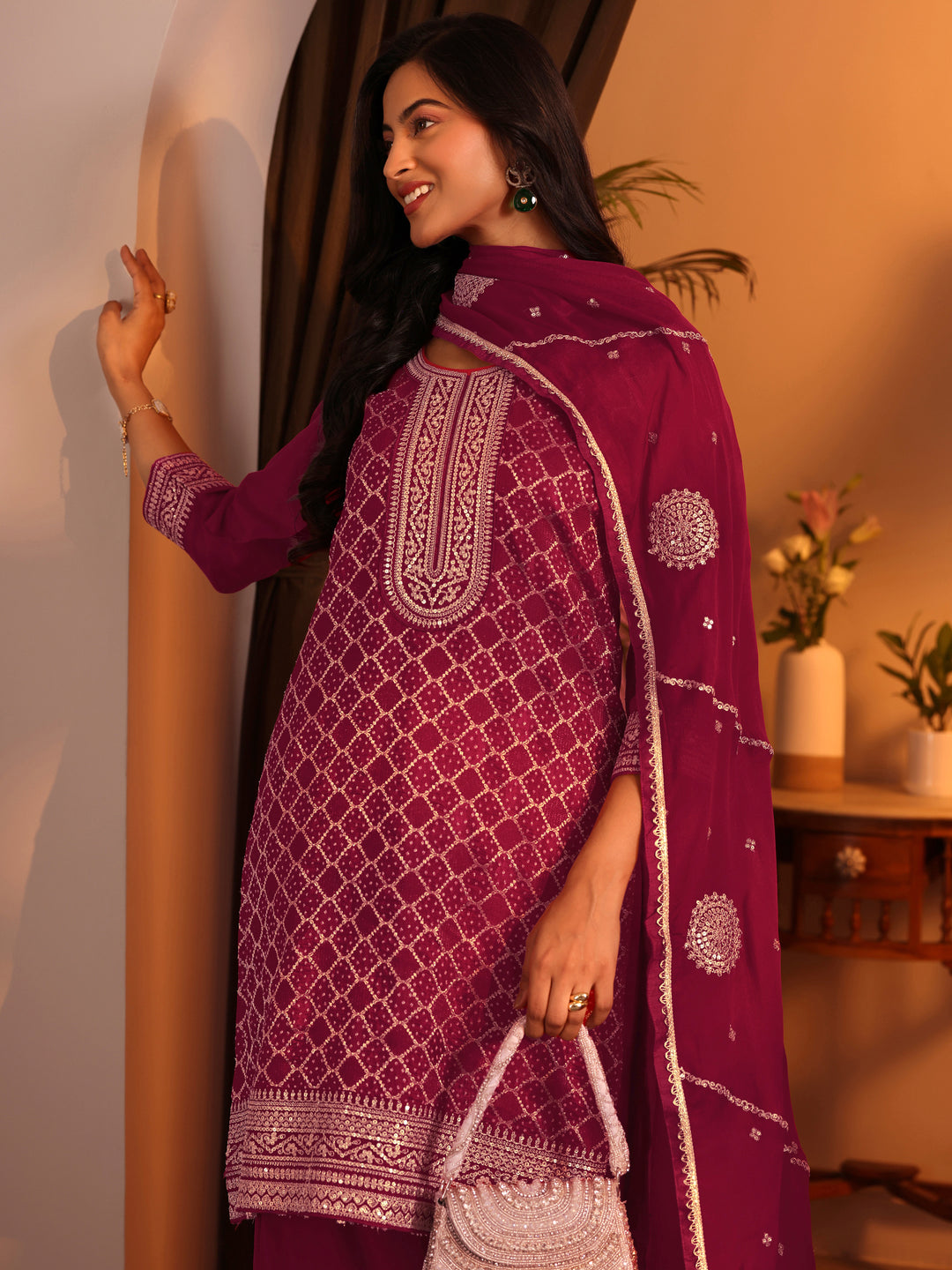 Libas Art Red Embroidered Silk Blend Straight Suit Set With Dupatta