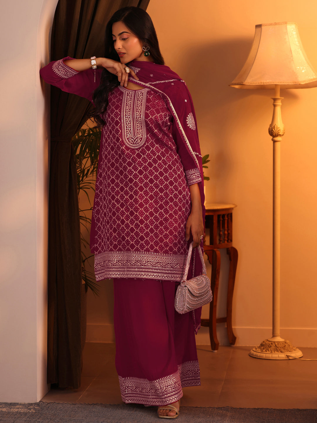 Libas Art Red Embroidered Silk Blend Straight Suit Set With Dupatta