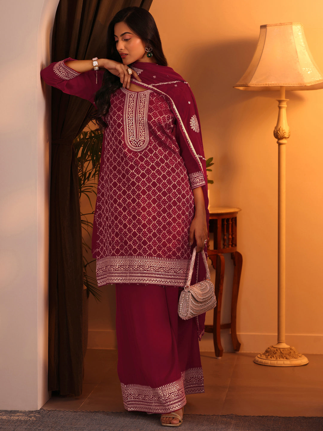 Libas Red Embroidered Silk Blend Straight Suit Set With Dupatta