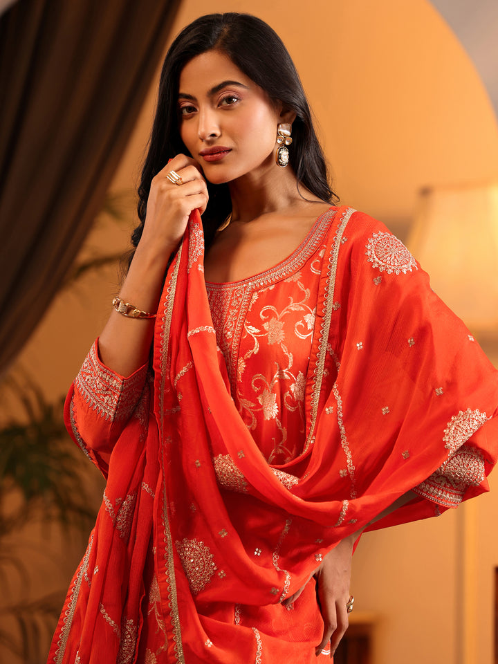 Libas Art Orange Woven Design Silk Blend Straight Suit Set With Dupatta