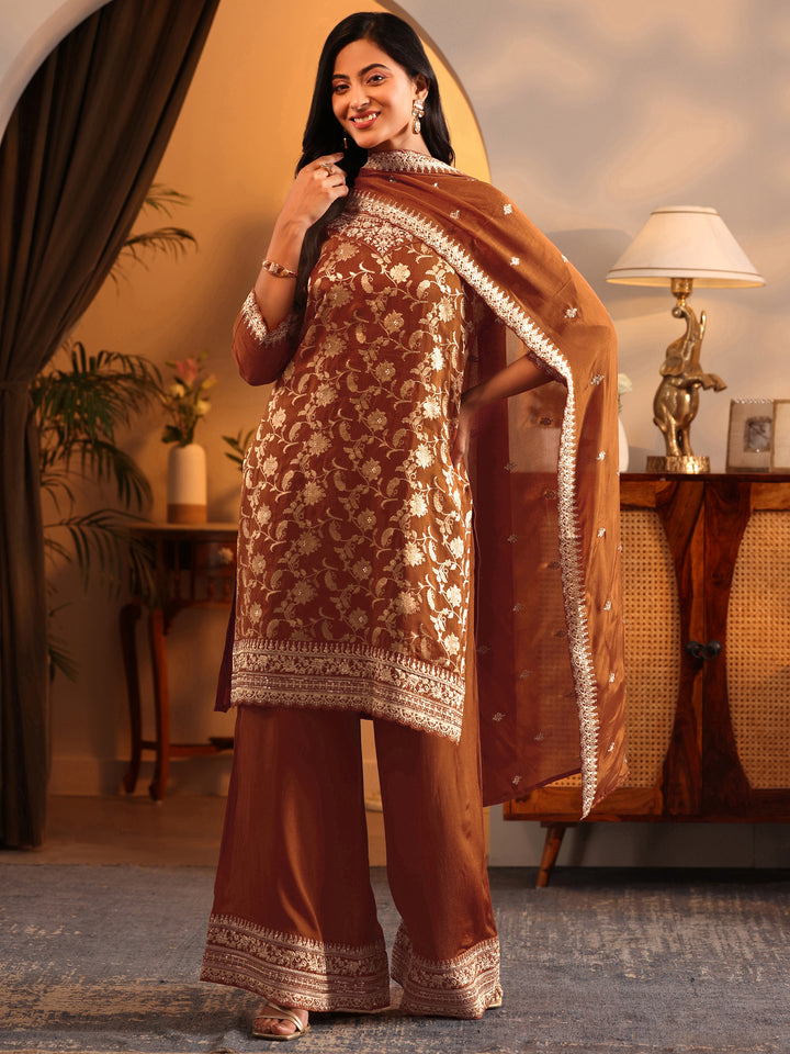 Libas Art Rust Woven Design Silk Blend Straight Suit Set With Dupatta