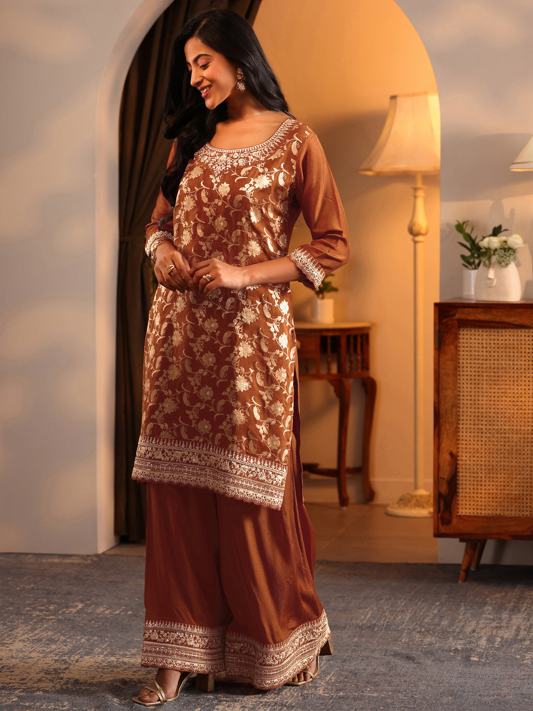 Libas Art Rust Woven Design Silk Blend Straight Suit Set With Dupatta