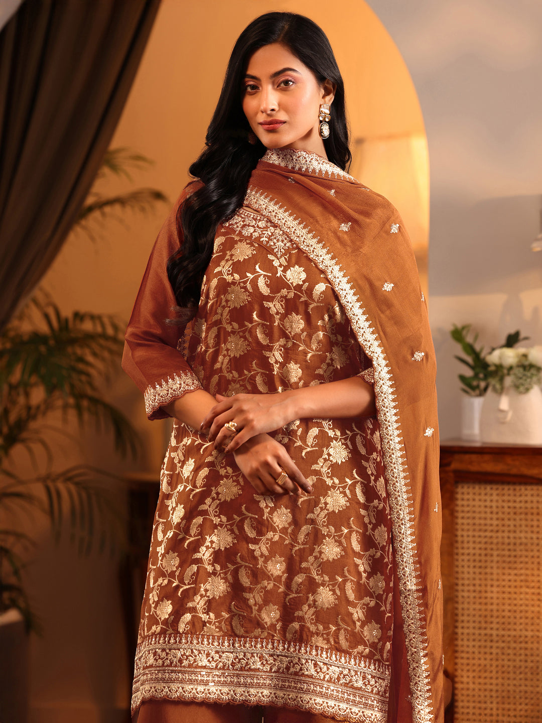 Libas Art Rust Woven Design Silk Blend Straight Suit Set With Dupatta