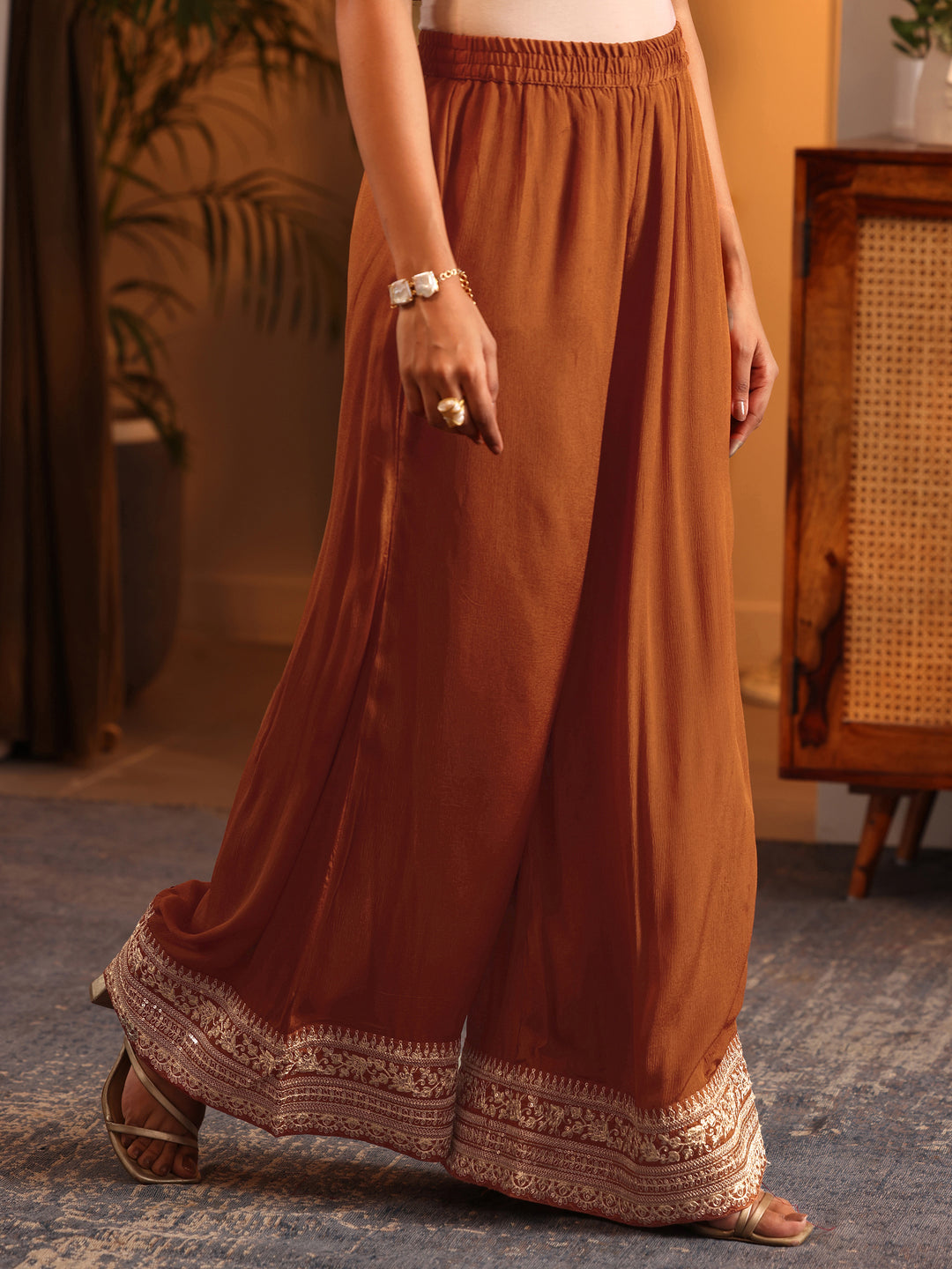 Libas Art Rust Woven Design Silk Blend Straight Suit Set With Dupatta