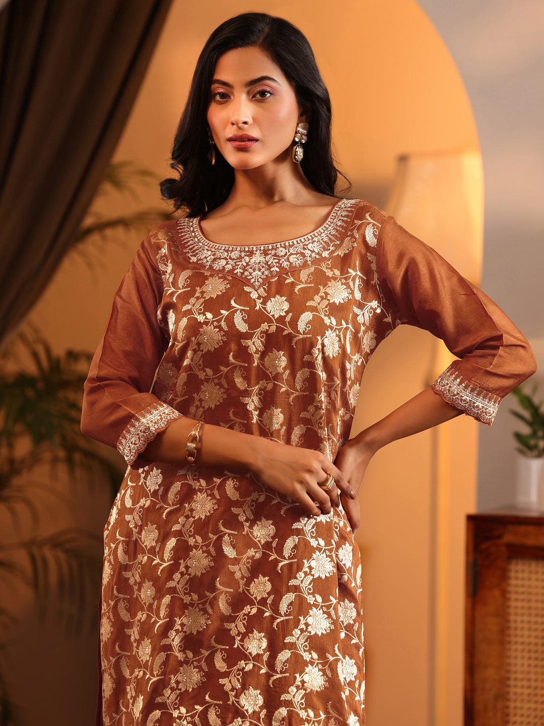 Libas Art Rust Woven Design Silk Blend Straight Suit Set With Dupatta