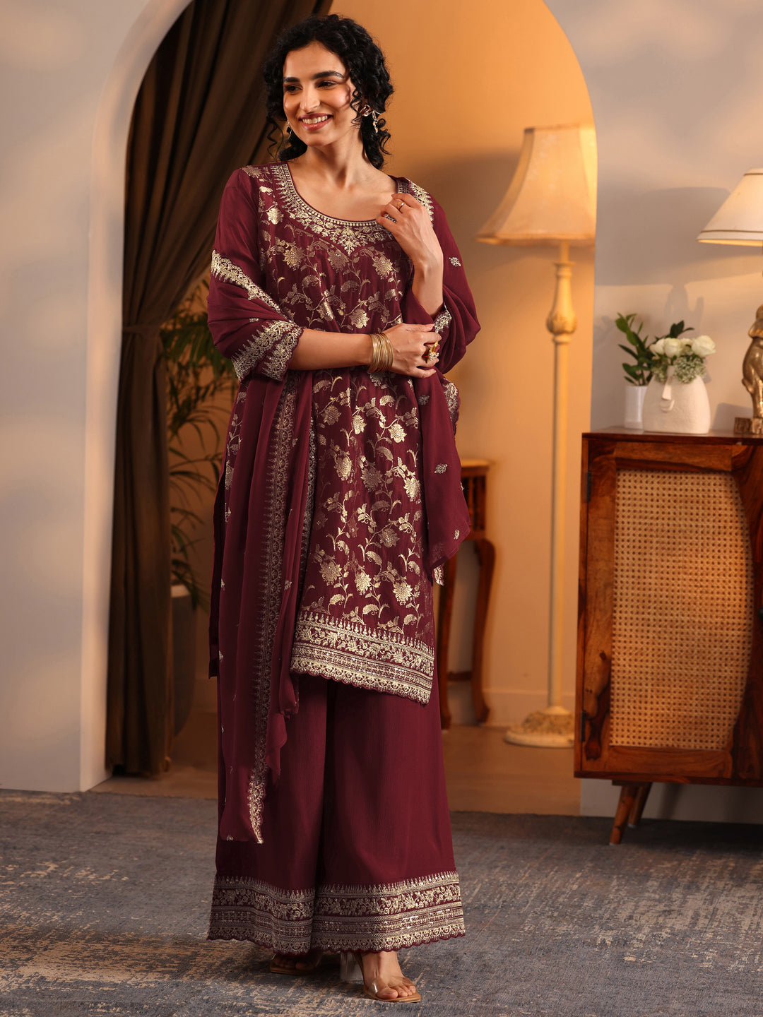 Libas Art Maroon Woven Design Silk Blend Straight Suit Set With Dupatta
