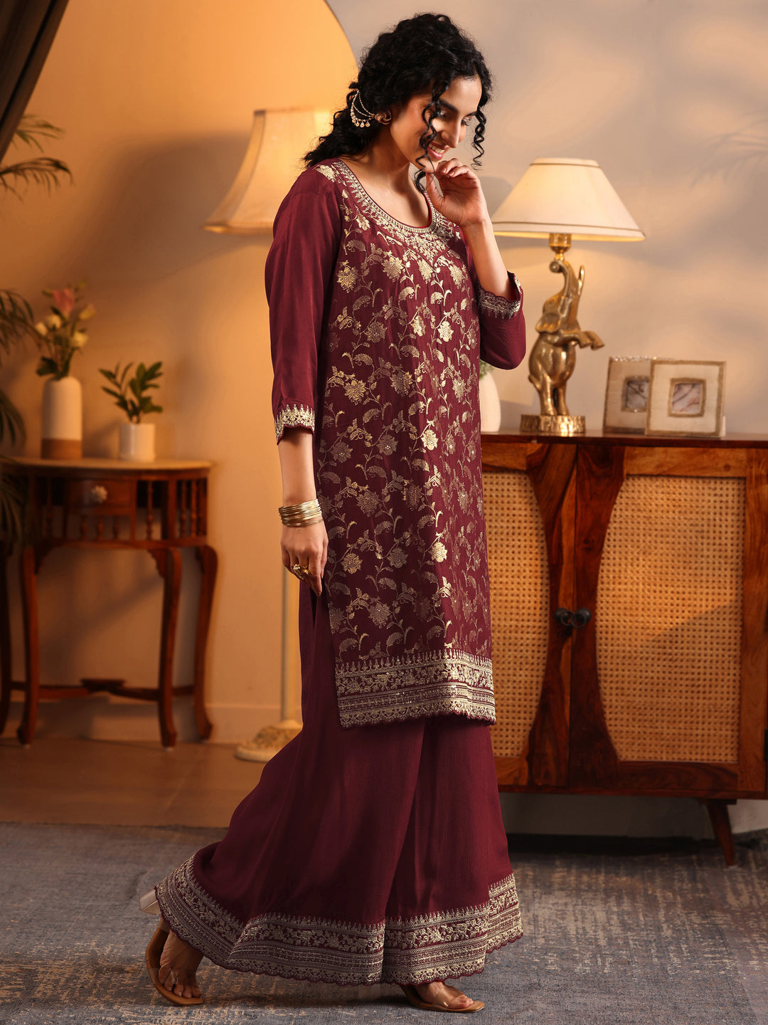 Libas Art Maroon Woven Design Silk Blend Straight Suit Set With Dupatta