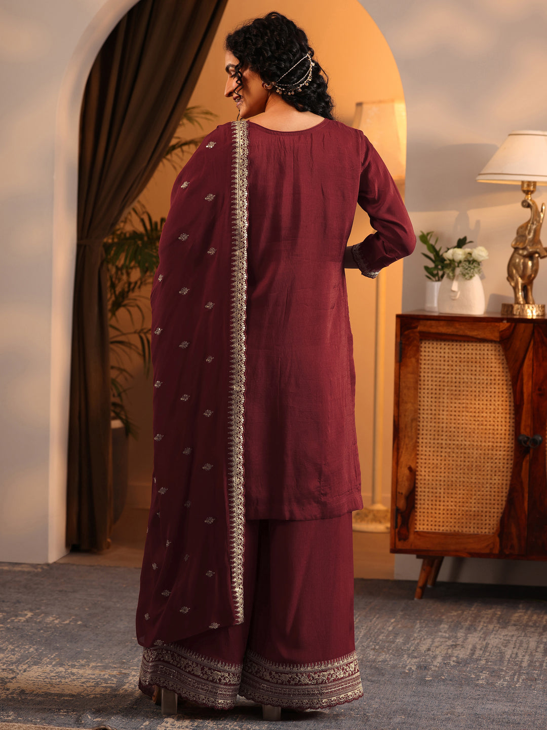 Libas Art Maroon Woven Design Silk Blend Straight Suit Set With Dupatta