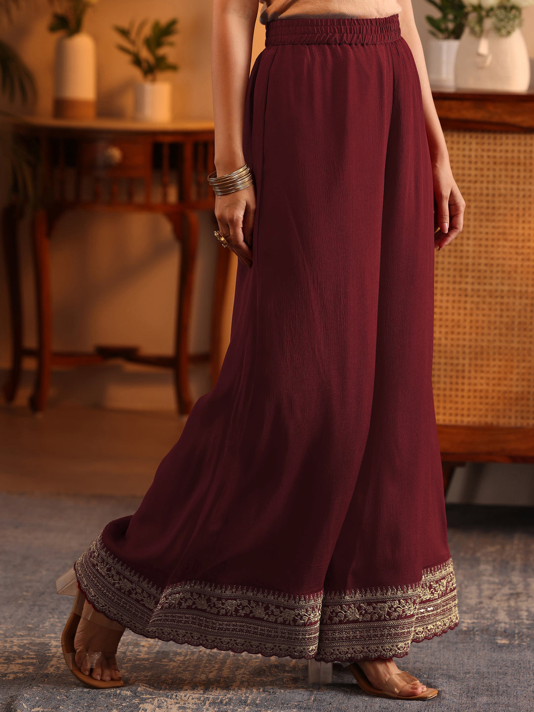 Libas Art Maroon Woven Design Silk Blend Straight Suit Set With Dupatta