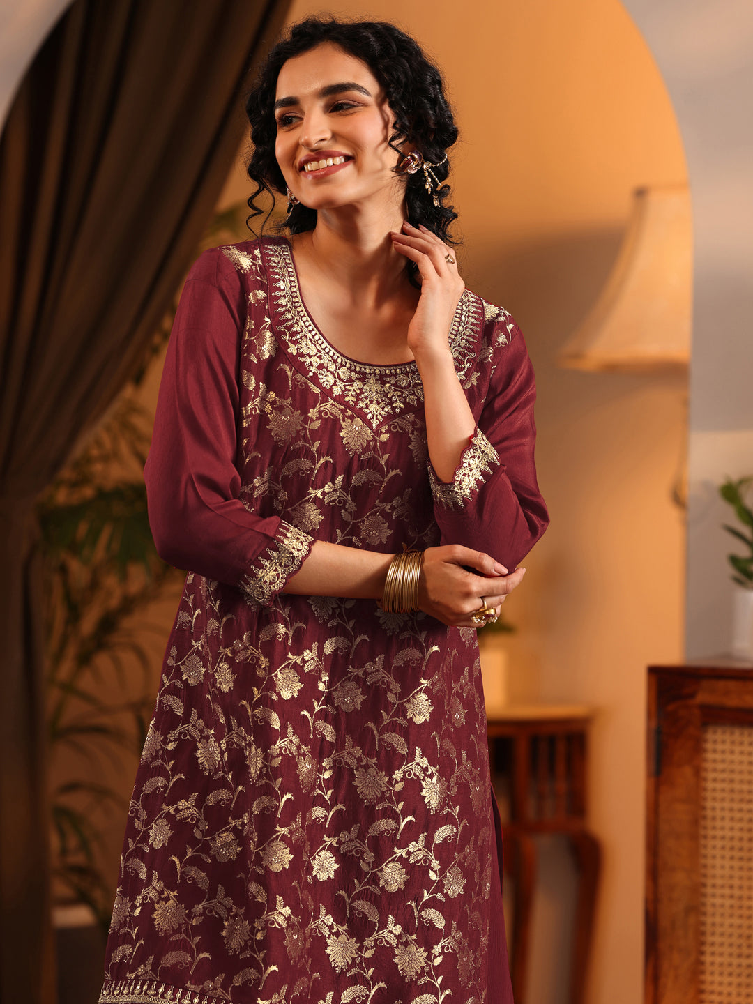 Libas Art Maroon Woven Design Silk Blend Straight Suit Set With Dupatta