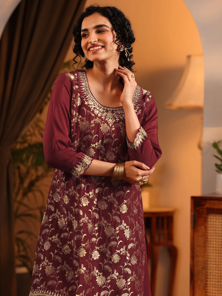 Libas Art Maroon Woven Design Silk Blend Straight Suit Set With Dupatta