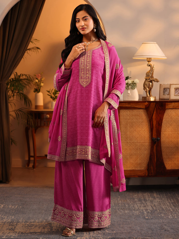 Libas Art Pink Embroidered Chinon Straight Suit Set With Dupatta
