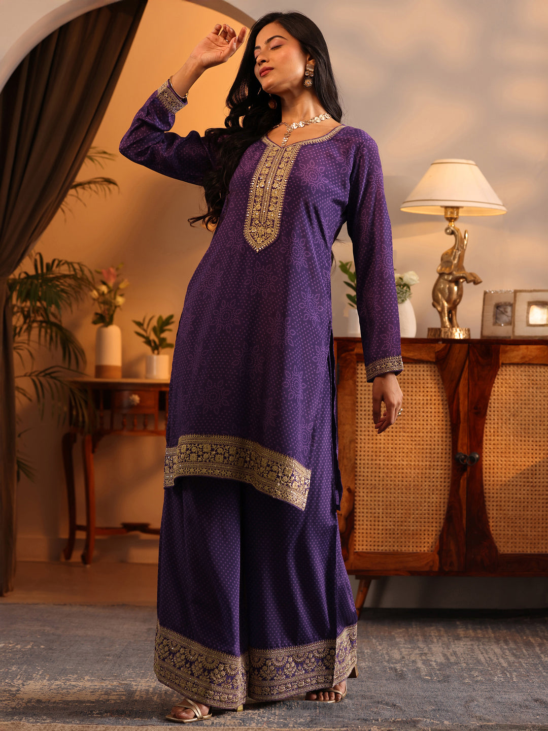 Libas Art Purple Embroidered Chinon Straight Suit Set With Dupatta