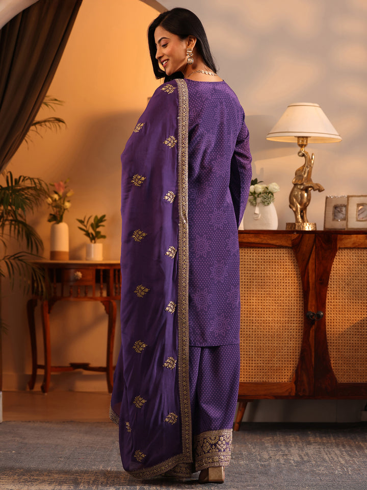 Libas Art Purple Embroidered Chinon Straight Suit Set With Dupatta