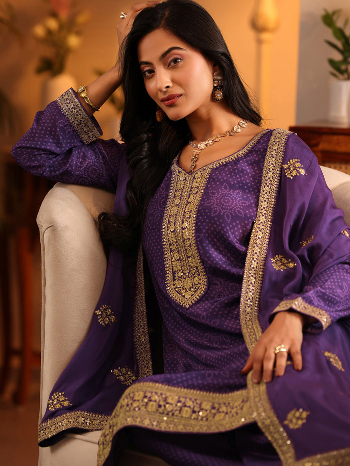 Libas Art Purple Embroidered Chinon Straight Suit Set With Dupatta
