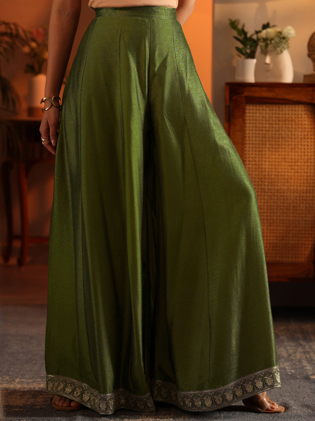 Ira Libas Art Olive Embroidered Silk Blend Straight Suit Set With Dupatta