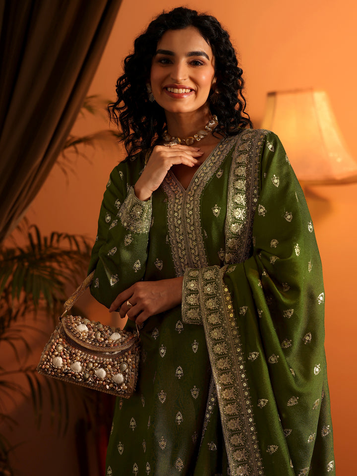 Ira Libas Art Olive Embroidered Silk Blend Straight Suit Set With Dupatta