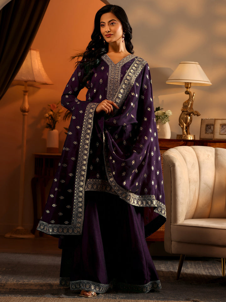 Libas Art Purple Embroidered Silk Blend Straight Suit Set With Dupatta