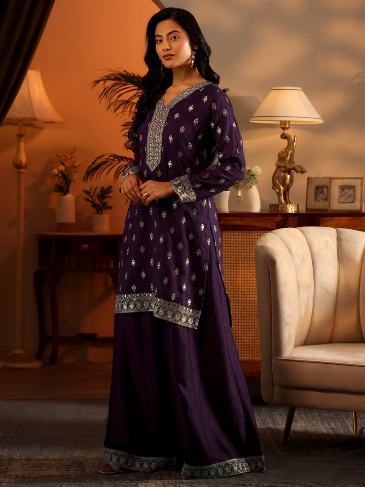 Libas Art Purple Embroidered Silk Blend Straight Suit Set With Dupatta