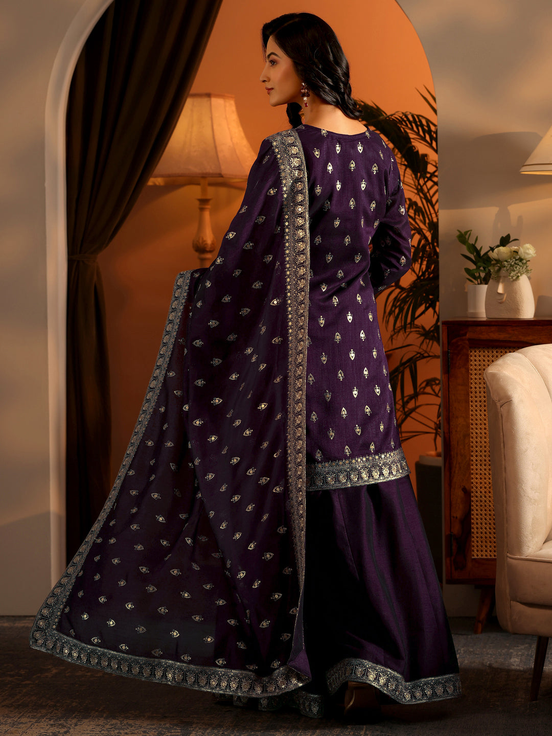 Libas Art Purple Embroidered Silk Blend Straight Suit Set With Dupatta