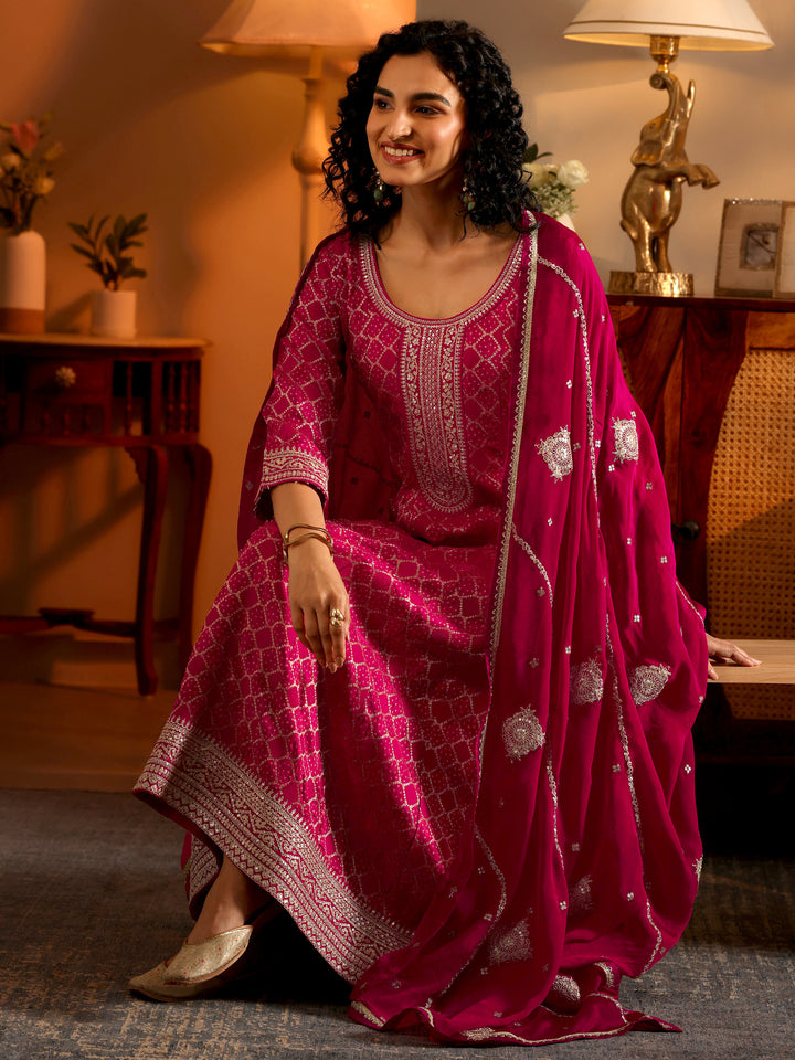 Libas Art Magenta Woven Design Silk Blend Anarkali Suit Set With Dupatta