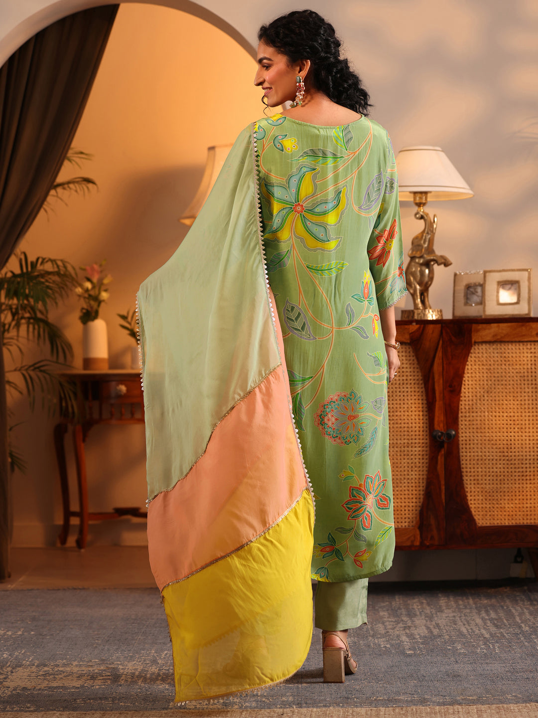 Libas Art Green Printed Crepe Straight Suit Set With Dupatta