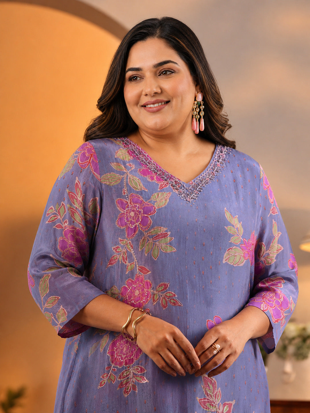 Plus Size Lavender Embellished Crepe Straight Suit Set With Dupatta