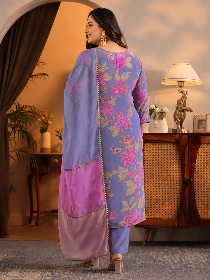 Plus Size Lavender Embellished Crepe Straight Suit Set With Dupatta