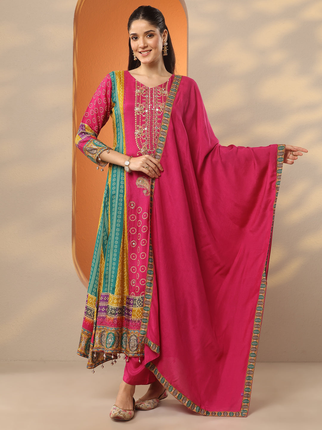 Multi Bandhani Printed A-Line Suit Set With Dupatta