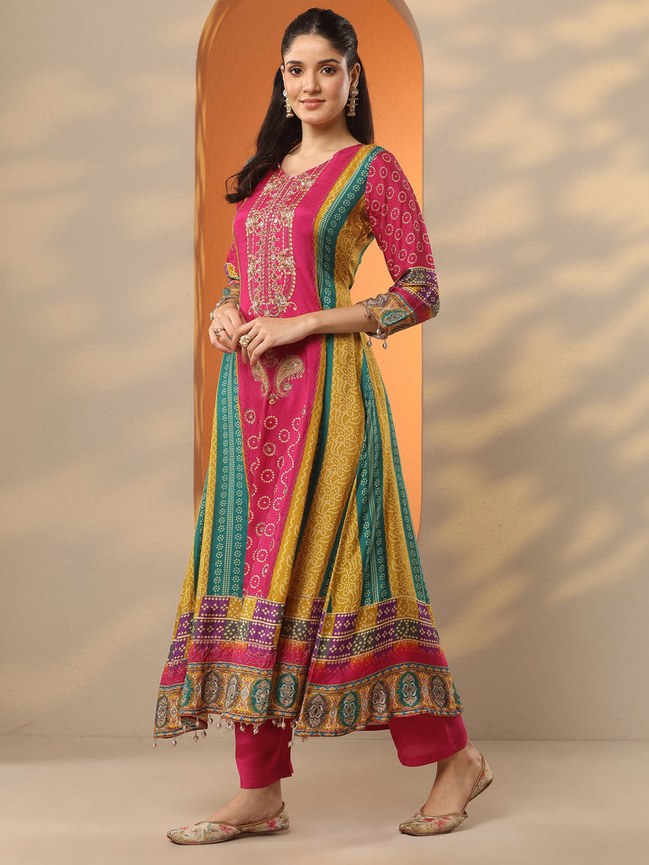 Multi Bandhani Printed A-Line Suit Set With Dupatta