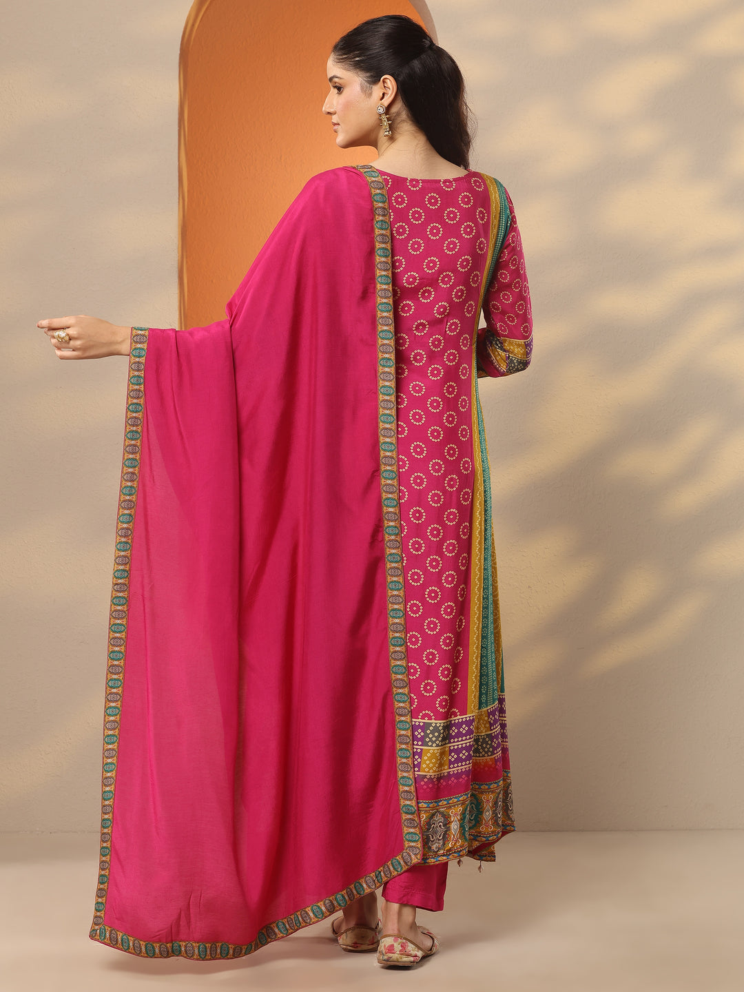 Multi Bandhani Printed A-Line Suit Set With Dupatta