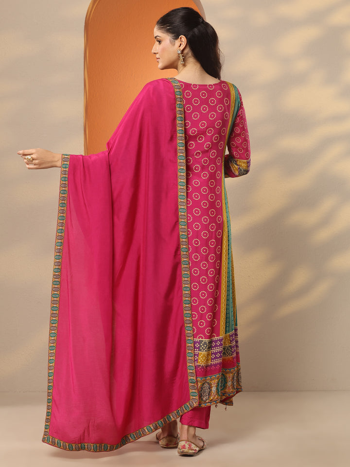 Multi Bandhani Printed A-Line Suit Set With Dupatta