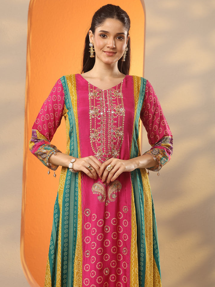 Multi Bandhani Printed A-Line Suit Set With Dupatta