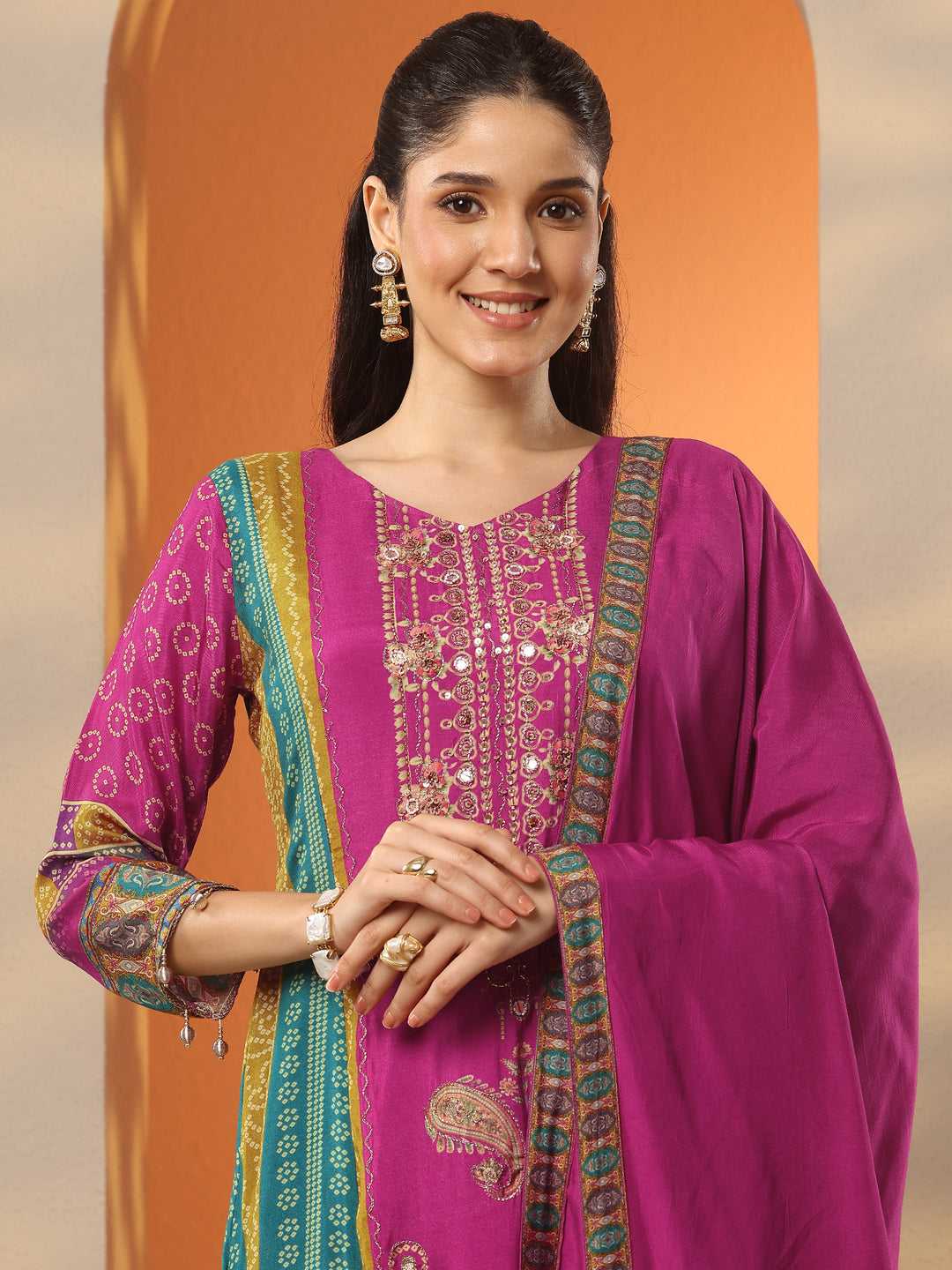 Multi Bandhani Printed A-Line Suit Set With Dupatta