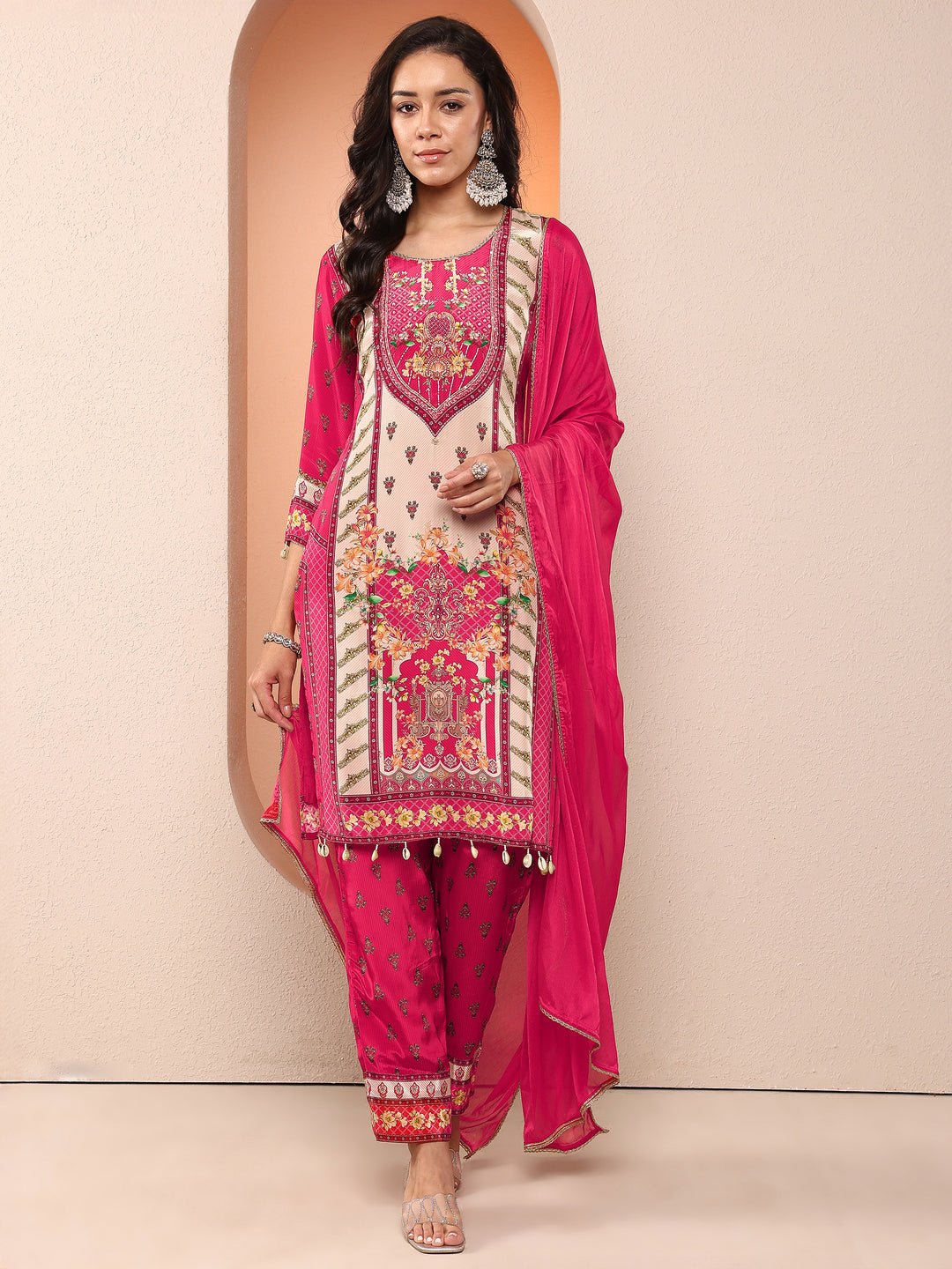 Magenta Printed Silk Blend Straight Suit Set With Dupatta