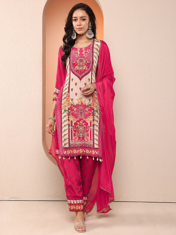 Magenta Printed Silk Blend Straight Suit Set With Dupatta