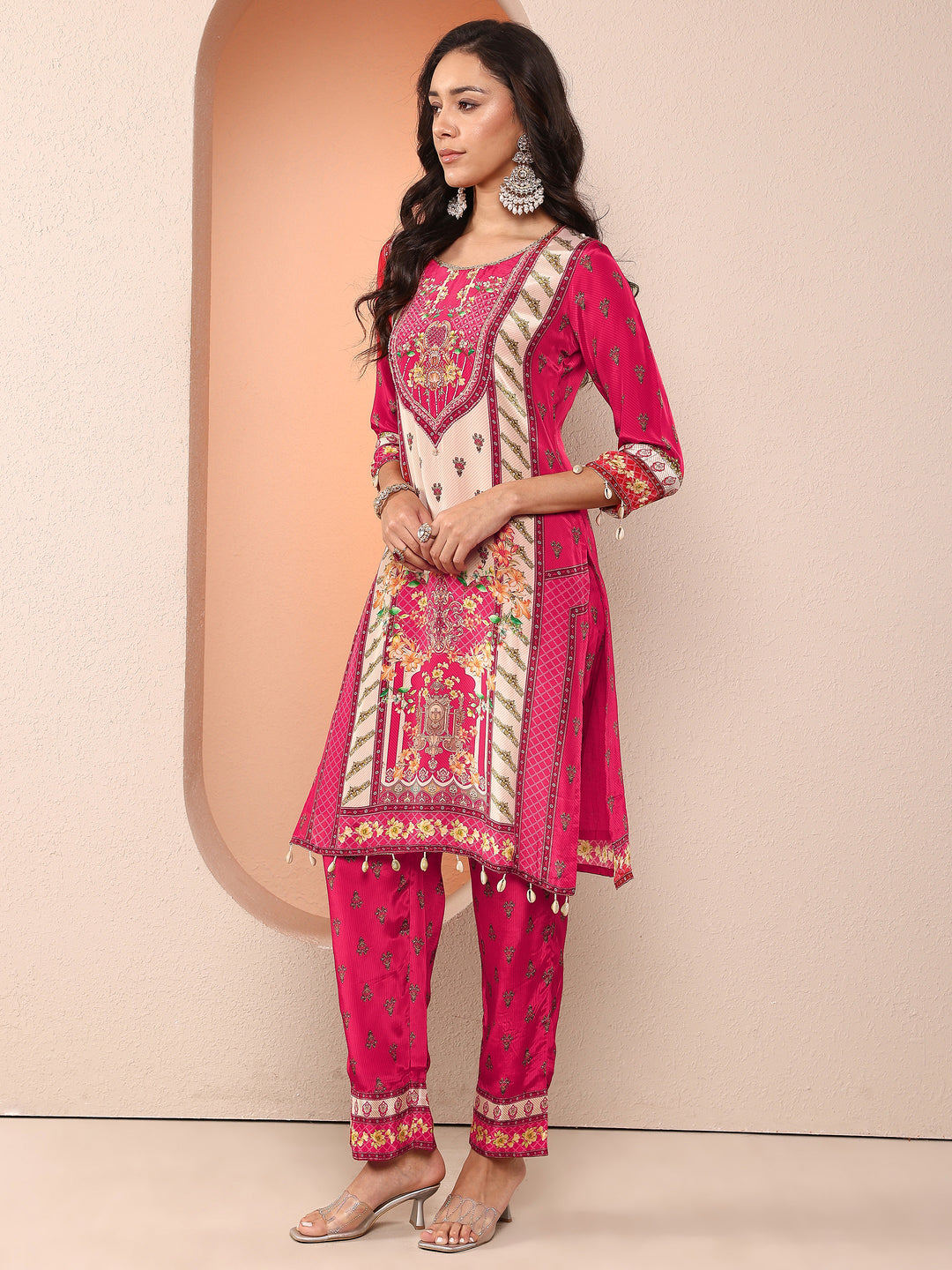 Magenta Printed Silk Blend Straight Suit Set With Dupatta