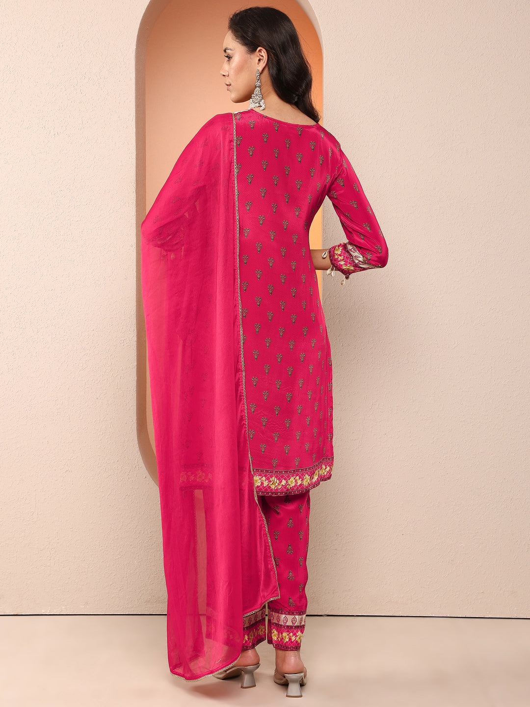 Magenta Printed Silk Blend Straight Suit Set With Dupatta